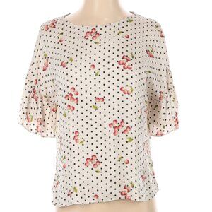 Slate and Willow Top Cherry Print Short Sleeve Silk Blend Off White M